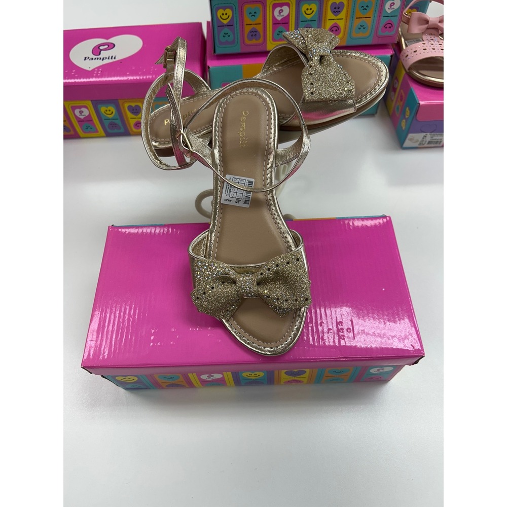 Pampili Girls Gold Metallic Glitter Bow Rhinestone Ankle Strap Dress Sandals